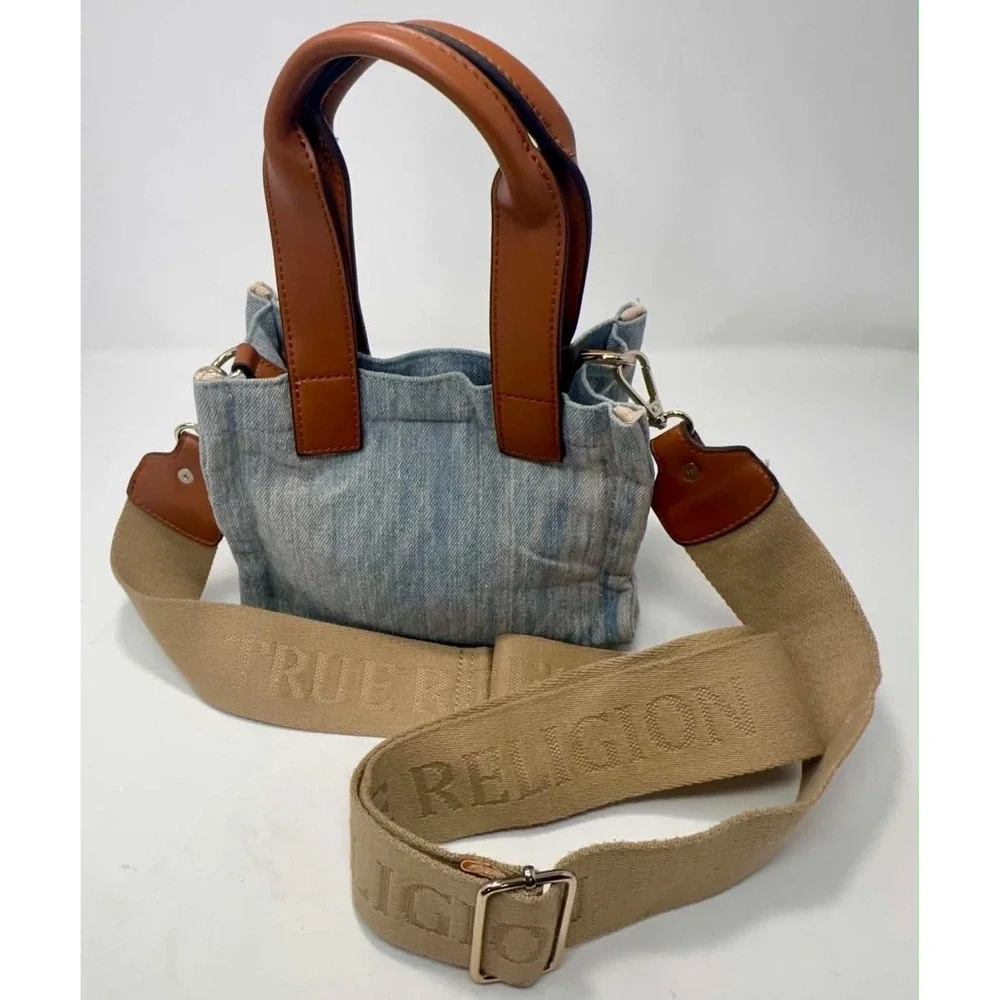 True Religion World Tour Mini Tote Crossbody Bag‎ Denim Buddha Logo Patch Y2K